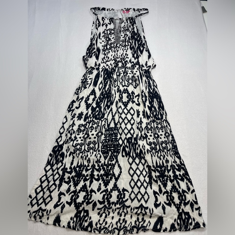 Pink Apple Ikat Print Maxi Dress Beaded Neck Boho Sleeveless Large